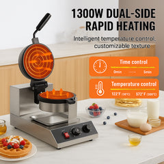 Commercial Waffle Maker, 1300W Round Waffle Baker Machine, Non-Stick Stainless Steel Belgian Waffle Iron, Temperature and Time Control, 180° Rotatable, for Restaurant Bakery Snack Bar Family