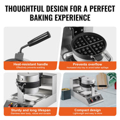 Commercial Waffle Maker, 1300W Round Waffle Baker Machine, Non-Stick Stainless Steel Belgian Waffle Iron, Temperature and Time Control, 180° Rotatable, for Restaurant Bakery Snack Bar Family