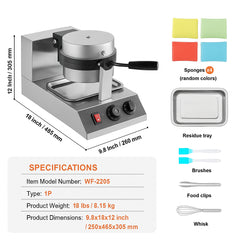 Commercial Waffle Maker, 1300W Round Waffle Baker Machine, Non-Stick Stainless Steel Belgian Waffle Iron, Temperature and Time Control, 180° Rotatable, for Restaurant Bakery Snack Bar Family