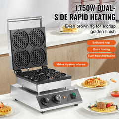 Commercial Waffle Maker, 4PCS Round Waffle Baker Machine,1750W Non-Stick Stainless Steel Belgian Waffle Iron with Temperature and Time Control, for Restaurant Bakery Snack Bar Family