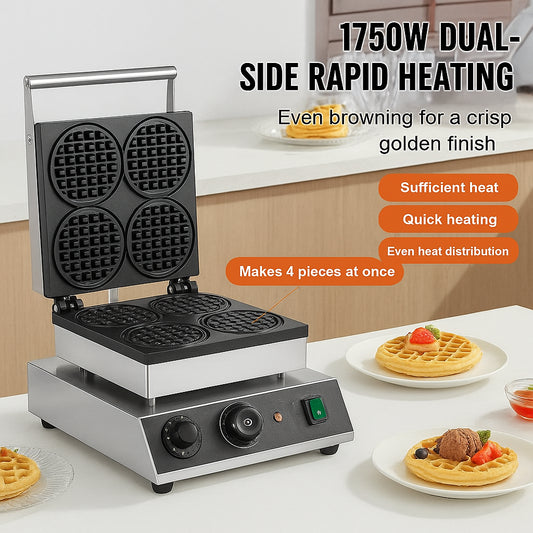 Commercial Waffle Maker, 4PCS Round Waffle Baker Machine,1750W Non-Stick Stainless Steel Belgian Waffle Iron with Temperature and Time Control, for Restaurant Bakery Snack Bar Family
