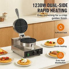 Commercial Waffle Maker, 1230W Round Waffle Baker Machine, Non-Stick Stainless Steel Belgian Waffle Iron with Temperature and Time Control, Handle, for Restaurant Bakery Snack Bar Family