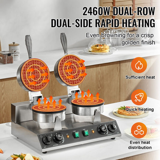 Commercial Waffle Maker, Dual-Head Round Waffle Baker Machine, 2460W Non-Stick Stainless Steel Belgian Waffle Iron with Temp and Time Control, Handle, for Restaurant Bakery Snack Bar Family