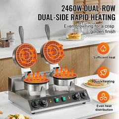 Commercial Waffle Maker, Dual-Head Round Waffle Baker Machine, 2460W Non-Stick Stainless Steel Belgian Waffle Iron with Temp and Time Control, Handle, for Restaurant Bakery Snack Bar Family