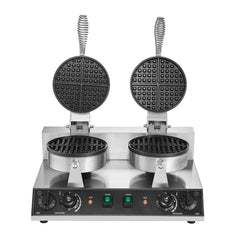 Commercial Waffle Maker, Dual-Head Round Waffle Baker Machine, 2460W Non-Stick Stainless Steel Belgian Waffle Iron with Temp and Time Control, Handle, for Restaurant Bakery Snack Bar Family