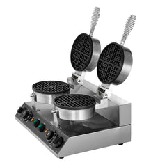 Commercial Waffle Maker, Dual-Head Round Waffle Baker Machine, 2460W Non-Stick Stainless Steel Belgian Waffle Iron with Temp and Time Control, Handle, for Restaurant Bakery Snack Bar Family
