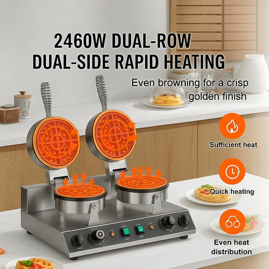 Commercial Waffle Maker, Dual-Head Round Waffle Baker Machine, 2460W Non-Stick Stainless Steel Belgian Waffle Iron with Temp and Time Control, Handle, for Restaurant Bakery Snack Bar Family