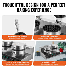 Commercial Waffle Maker, Dual-Head Round Waffle Baker Machine, 2460W Non-Stick Stainless Steel Belgian Waffle Iron with Temp and Time Control, Handle, for Restaurant Bakery Snack Bar Family