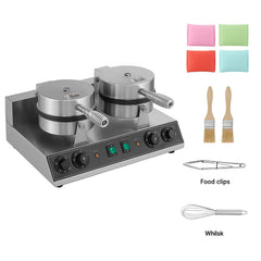 Commercial Waffle Maker, Dual-Head Round Waffle Baker Machine, 2460W Non-Stick Stainless Steel Belgian Waffle Iron with Temp and Time Control, Handle, for Restaurant Bakery Snack Bar Family