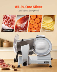 Commercial Meat Slicer, 240W Electric Deli Food Slicer with 250mm Carbon Steel Blade, Built-In Sharpener & 0-12mm Adjustable Thickness for Frozen Meat, Ham, Baguett, Steak