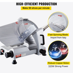 Commercial Meat Slicer, 320W Electric Deli Food Slicer, 12 inch Carbon Steel Blade Electric Food Slicer, 350-400RPM Meat Slicer, 0-0.6 inch Adjustable Thickness for Meat, Cheese, Veggies, Ham