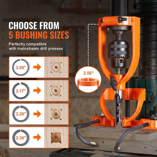 Mortising Attachment for Drill Press, 4 Model Drills Square Hole Chisel Set, Bench Drill Locator Set Mortise and Tenon Tools with 5 Bushings, for Woodworking Mortising Tenoning Drilling Machine