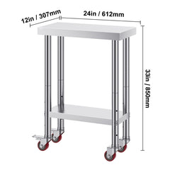 Stainless Steel Work Table with Wheels 24 x 12 x 32 Inch Prep Table with 4 Casters Heavy Duty Work Table for Commercial Kitchen Restaurant Business