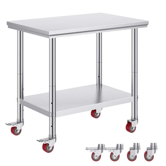 Stainless Steel Work Table 36x24 Inch with 4 Wheels Commercial Food Prep Worktable with Casters Heavy Duty Work Table for Commercial Kitchen Restaurant