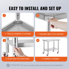 Stainless Steel Work Table 36x24 Inch with 4 Wheels Commercial Food Prep Worktable with Casters Heavy Duty Work Table for Commercial Kitchen Restaurant