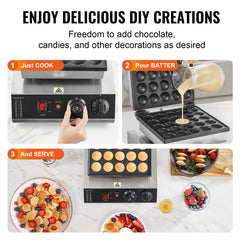 Mini Dutch Pancake Maker, 25PCS 43mm Diameter Dorayaki Baker Machine, 1700W Commercial Electric Poffertjes Grill, Non-stick Stainless Steel, Temp & Time Control, for Home Kitchen Restaurant