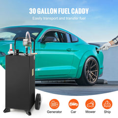 114L Gas Caddy, Fuel Storage Tank with Wheels, Portable Fuel Caddy with Manuel Transfer Pump, Gasoline Diesel Fuel Container for Cars, Lawn Mowers, ATVs, Boats, More, Black