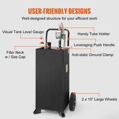 114L Gas Caddy, Fuel Storage Tank with Wheels, Portable Fuel Caddy with Manuel Transfer Pump, Gasoline Diesel Fuel Container for Cars, Lawn Mowers, ATVs, Boats, More, Black