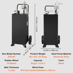 114L Gas Caddy, Fuel Storage Tank with Wheels, Portable Fuel Caddy with Manuel Transfer Pump, Gasoline Diesel Fuel Container for Cars, Lawn Mowers, ATVs, Boats, More, Black