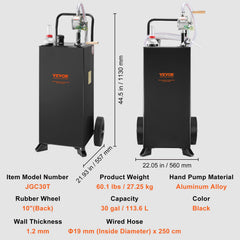 114L Gas Caddy, Fuel Storage Tank with Wheels, Portable Fuel Caddy with Manuel Transfer Pump, Gasoline Diesel Fuel Container for Cars, Lawn Mowers, ATVs, Boats, More, Black