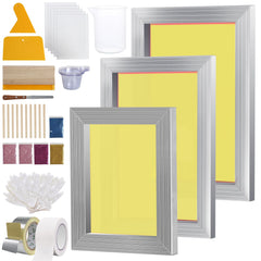 Screen Printing Kit, 3 Pieces Aluminum Silk Screen Printing Frames 25x36/20x30/15x25 cm 110 Count Mesh, 5 Glitters and Screen Printing Squeegees and Transparency Films for T-shirts DIY