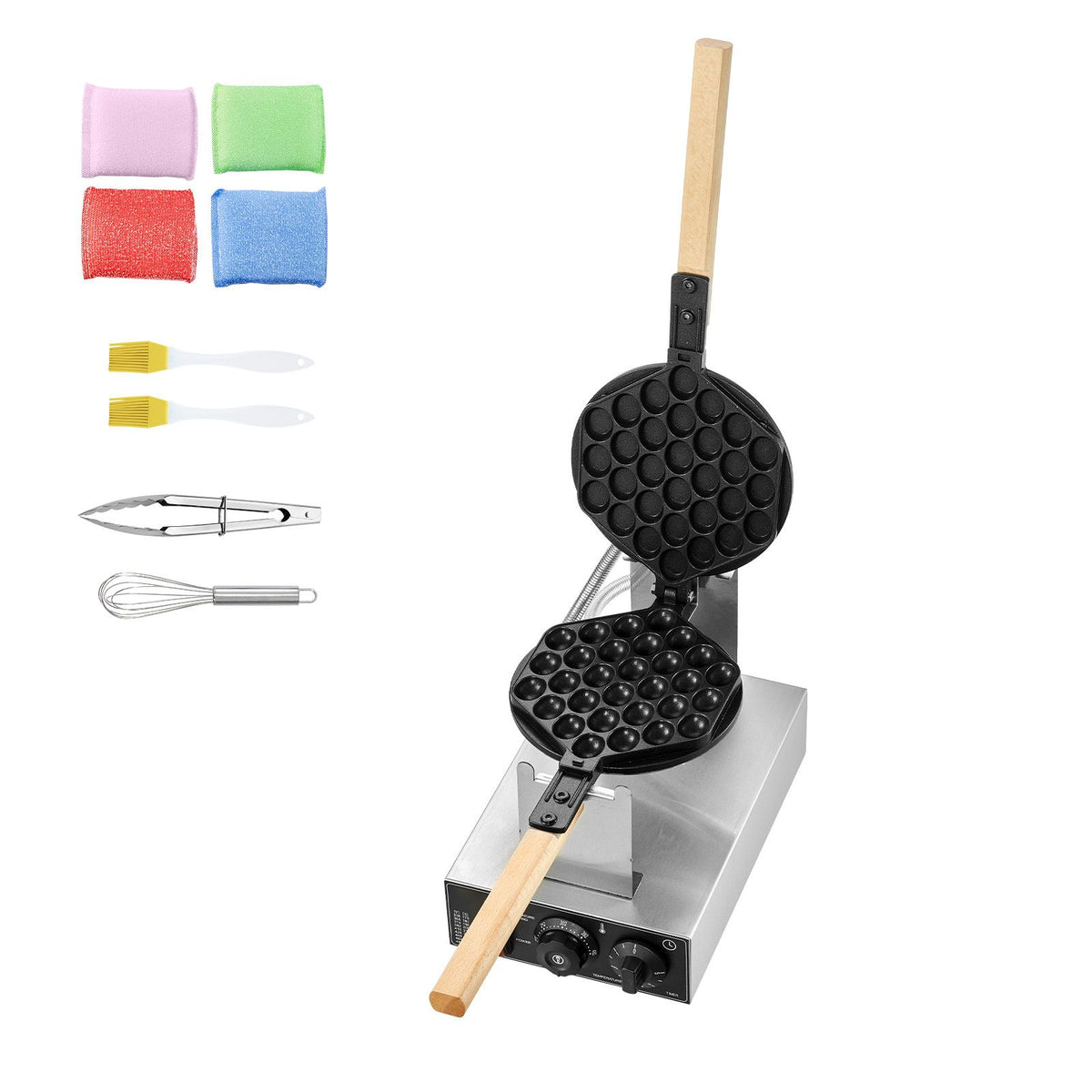 Commercial Bubble Waffle Maker, 1400W Egg Pancake Baker Machine, Non-Stick Stainless Steel Egg Bubble Puff, 180° Rotatable, Temp and Time Control, Wooden Handle, for Restaurant Bakery Snack Bar