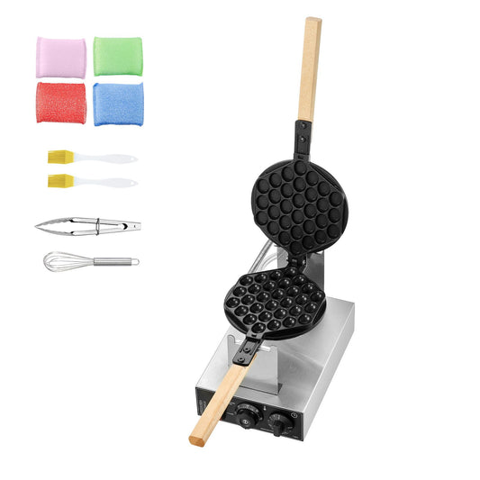 Commercial Bubble Waffle Maker, 1400W Egg Pancake Baker Machine, Non-Stick Stainless Steel Egg Bubble Puff, 180° Rotatable, Temp and Time Control, Wooden Handle, for Restaurant Bakery Snack Bar