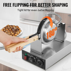 Commercial Bubble Waffle Maker, 1400W Egg Pancake Baker Machine, Non-Stick Stainless Steel Egg Bubble Puff, 180° Rotatable, Temp and Time Control, Wooden Handle, for Restaurant Bakery Snack Bar