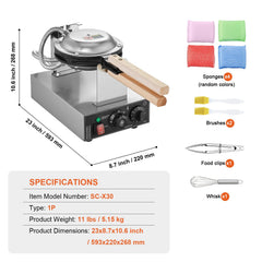Commercial Bubble Waffle Maker, 1400W Egg Pancake Baker Machine, Non-Stick Stainless Steel Egg Bubble Puff, 180° Rotatable, Temp and Time Control, Wooden Handle, for Restaurant Bakery Snack Bar