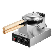 Commercial Bubble Waffle Maker, 1400W Egg Pancake Baker Machine, Non-Stick Stainless Steel Egg Bubble Puff, 180° Rotatable, Temp and Time Control, Wooden Handle, for Restaurant Bakery Snack Bar