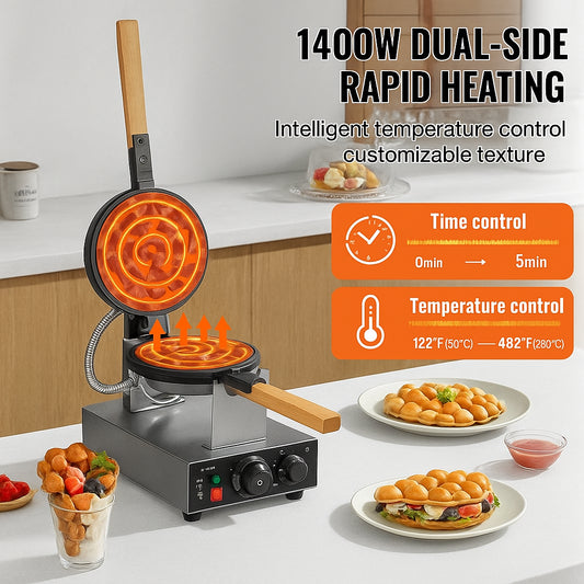 Commercial Bubble Waffle Maker, 1400W Egg Pancake Baker Machine, Non-Stick Stainless Steel Egg Bubble Puff, 180° Rotatable, Temp and Time Control, Wooden Handle, for Restaurant Bakery Snack Bar