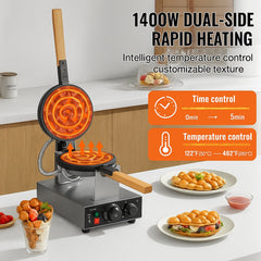 Commercial Bubble Waffle Maker, 1400W Egg Pancake Baker Machine, Non-Stick Stainless Steel Egg Bubble Puff, 180° Rotatable, Temp and Time Control, Wooden Handle, for Restaurant Bakery Snack Bar