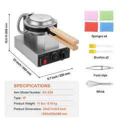 Commercial Bubble Waffle Maker, 1400W Egg Pancake Baker Machine, Non-Stick Stainless Steel Egg Bubble Puff, 180° Rotatable, Temp and Time Control, Wooden Handle, for Restaurant Bakery Snack Bar