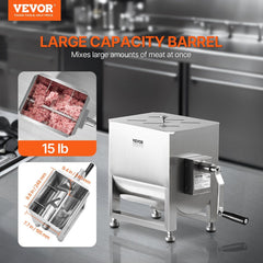 Manual Meat Mixer, 10L Fixed Tank Meat Processing Equipment(Mixing Max 15LBS for Meats), Stainless Steel Sausage Mixer Machine with Lid Handle Gear Reducer, Ground Beef Hand Mixers