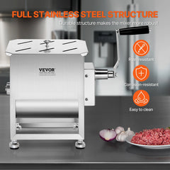 Manual Meat Mixer, 10L Fixed Tank Meat Processing Equipment(Mixing Max 15LBS for Meats), Stainless Steel Sausage Mixer Machine with Lid Handle Gear Reducer, Ground Beef Hand Mixers