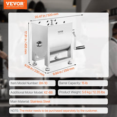 Manual Meat Mixer, 10L Fixed Tank Meat Processing Equipment(Mixing Max 15LBS for Meats), Stainless Steel Sausage Mixer Machine with Lid Handle Gear Reducer, Ground Beef Hand Mixers