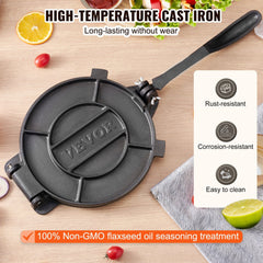 Tortilla Press, 250mm Tortilla and Roti Maker, Cast Iron Heavy Duty Tortilladora Press, Pre-Seasoned Pataconera Maker with 100 Pcs Parchment Paper, Dough Maker for Flour Tortilla, Tawa, Silver