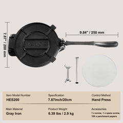 Tortilla Press, 8 Inch Tortilla and Roti Maker, Cast Iron Heavy Duty Tortilladora Press, Pre-Seasoned Pataconera Maker with 100 Pcs Parchment Paper, Dough Maker for Flour Tortilla, Tawa, Silver