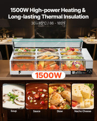 Commercial Food Warmer, 1500W Electric Stainless Steel Steam Food Warmer with Glass Cover, 9-Pan Countertop Buffet Bain Marie with Soup & Perforated Ladles, for Catering, Restaurant & Party