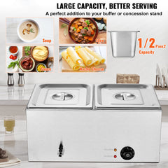 Commercial Food Warmer, 2-Pan Electric Steam Table, 1200W Professional Countertop Stainless Steel Buffet Bain Marie with 30-85°C Temp Control for Catering, Buffet, Parties, Restaurants