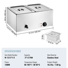 Commercial Food Warmer, 2-Pan Electric Steam Table, 1200W Professional Countertop Stainless Steel Buffet Bain Marie with 30-85°C Temp Control for Catering, Buffet, Parties, Restaurants