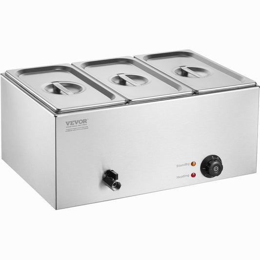 3-Pan Commercial Food Warmer, 16.5L Electric Steam Table, 1200W Professional Countertop Stainless Steel Buffet Bain Marie with 30 - 85℃ Temp Control for Catering and Restaurants, Silver