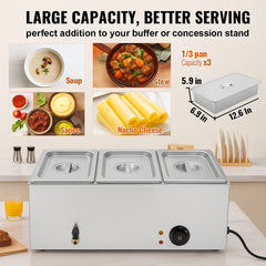 3-Pan Commercial Food Warmer, 16.5L Electric Steam Table, 1200W Professional Countertop Stainless Steel Buffet Bain Marie with 30 - 85℃ Temp Control for Catering and Restaurants, Silver