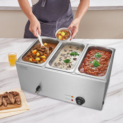3-Pan Commercial Food Warmer, 16.5L Electric Steam Table, 1200W Professional Countertop Stainless Steel Buffet Bain Marie with 30 - 85℃ Temp Control for Catering and Restaurants, Silver