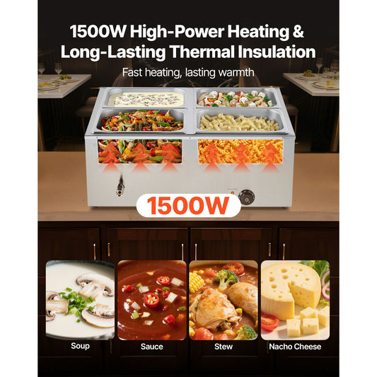 Commercial Food Warmer, 1500W Electric Stainless Steel Steam Food Warmer with Lid, 4-Pan Fast Heating Countertop Buffet Bain Marie with Soup & Perforated Ladles, for Catering, Restaurant, Party