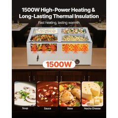 Commercial Food Warmer, 1500W Electric Stainless Steel Steam Food Warmer with Lid, 4-Pan Fast Heating Countertop Buffet Bain Marie with Soup & Perforated Ladles, for Catering, Restaurant, Party