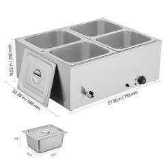 Commercial Food Warmer, 1500W Electric Stainless Steel Steam Food Warmer with Lid, 4-Pan Fast Heating Countertop Buffet Bain Marie with Soup & Perforated Ladles, for Catering, Restaurant, Party
