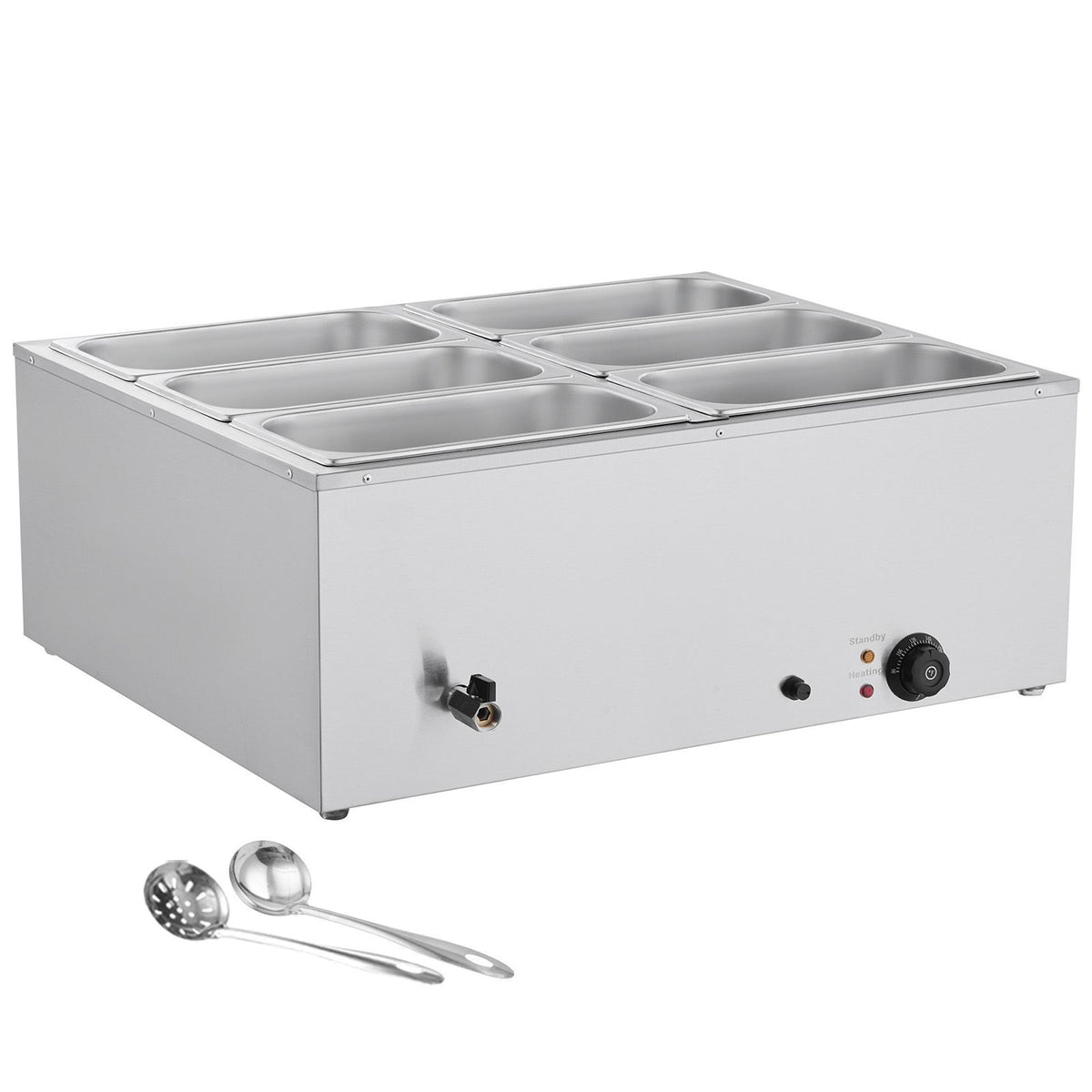 Commercial Food Warmer, 1500W Electric Stainless Steel Steam Food Warmer with Lid, 6-Pan Fast Heating Countertop Buffet Bain Marie with Soup & Perforated Ladles, for Catering, Restaurant, Party