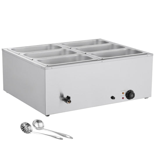 Commercial Food Warmer, 1500W Electric Stainless Steel Steam Food Warmer with Lid, 6-Pan Fast Heating Countertop Buffet Bain Marie with Soup & Perforated Ladles, for Catering, Restaurant, Party