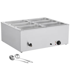 Commercial Food Warmer, 1500W Electric Stainless Steel Steam Food Warmer with Lid, 6-Pan Fast Heating Countertop Buffet Bain Marie with Soup & Perforated Ladles, for Catering, Restaurant, Party